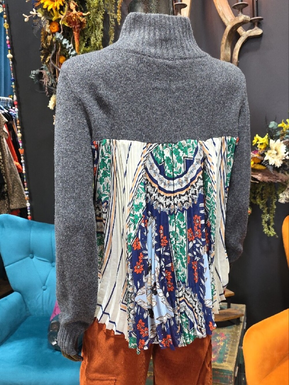 Moth Charcoal Gray Turtleneck Sweater with Patterned Side & Back Flowing  Panel